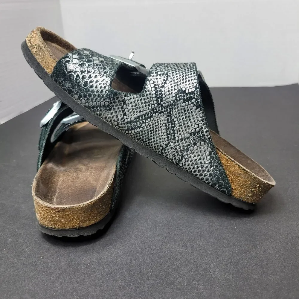 Birkenstocks Arizona Slide Double Strap Silver Snak Printed Sandals Size 6.5US